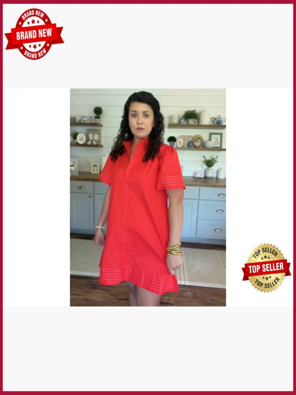Casual Button Down Mini Shirt Dress Short Sleeve Ruffle Hem Pockets - Picture 7 of 7